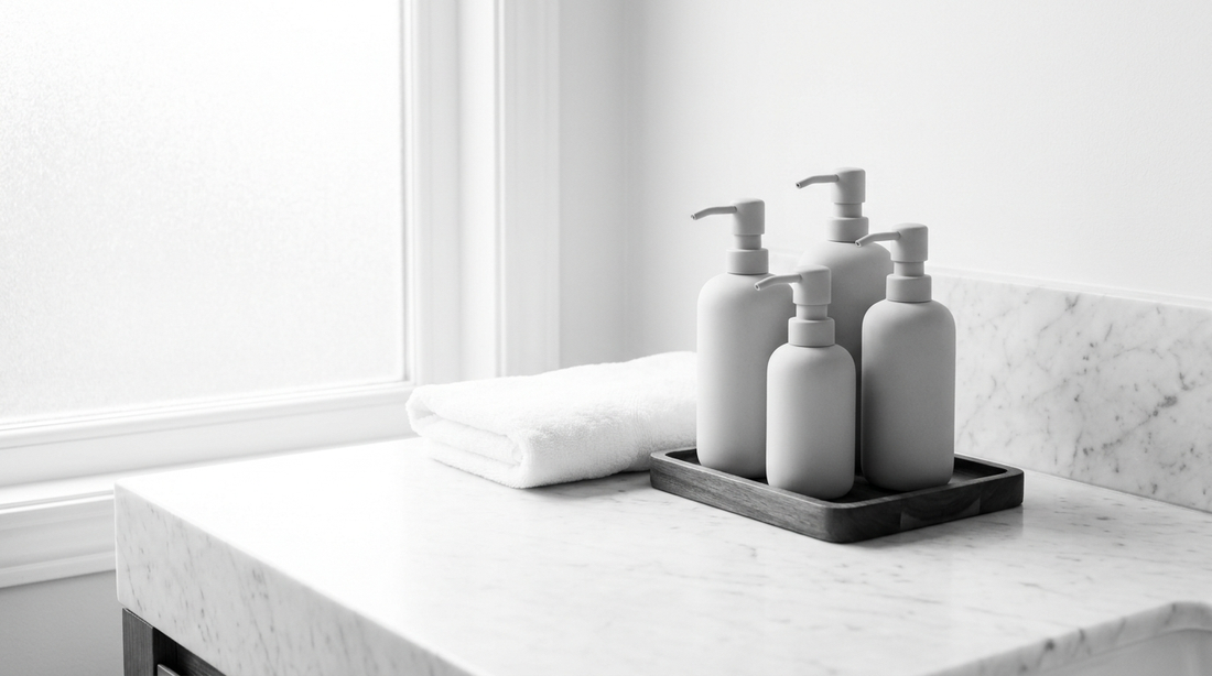 Flaconi skincare airless in formato viaggio accanto ad asciugamani piegati sul piano in marmo di un bagno d'hotel premium, still life editoriale in bianco e nero