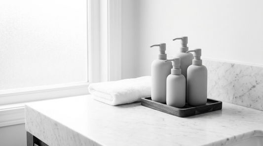 Flaconi skincare airless in formato viaggio accanto ad asciugamani piegati sul piano in marmo di un bagno d'hotel premium, still life editoriale in bianco e nero