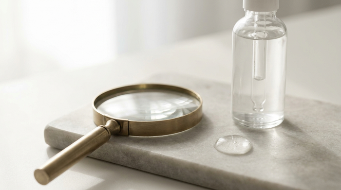 Lente d'ingrandimento in ottone e flacone contagocce senza etichetta con una goccia di siero su una lastra di pietra chiara, still life da laboratorio in stile HBSKN, tema verifica dei claim cosmetici