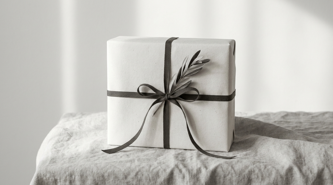 Confezione regalo skincare uomo con nastro, still life editoriale caldo monocromo HBSKN