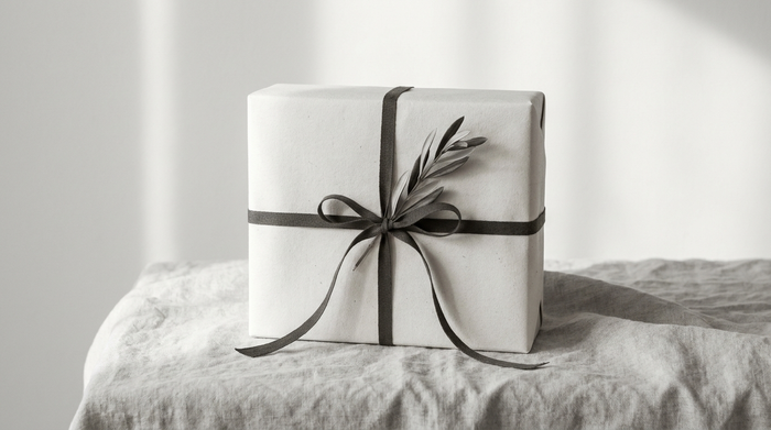 Confezione regalo skincare uomo con nastro, still life editoriale caldo monocromo HBSKN
