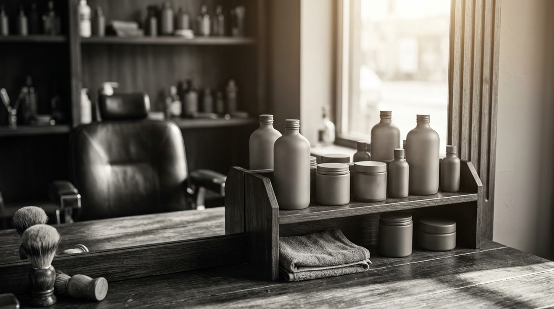 Banco di una barberia premium con un piccolo corner skincare: flaconi airless monocromi accanto a forbici e pettine da barbiere