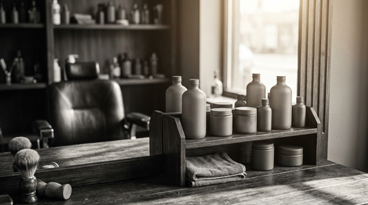 Banco di una barberia premium con un piccolo corner skincare: flaconi airless monocromi accanto a forbici e pettine da barbiere