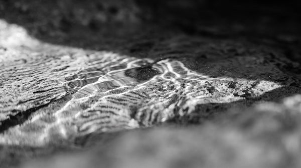 Skincare vegan e reef safe: macro in bianco e nero di acqua limpida che scorre su roccia calcarea porosa con riflessi caustici, stile lab monocromo HBSKN