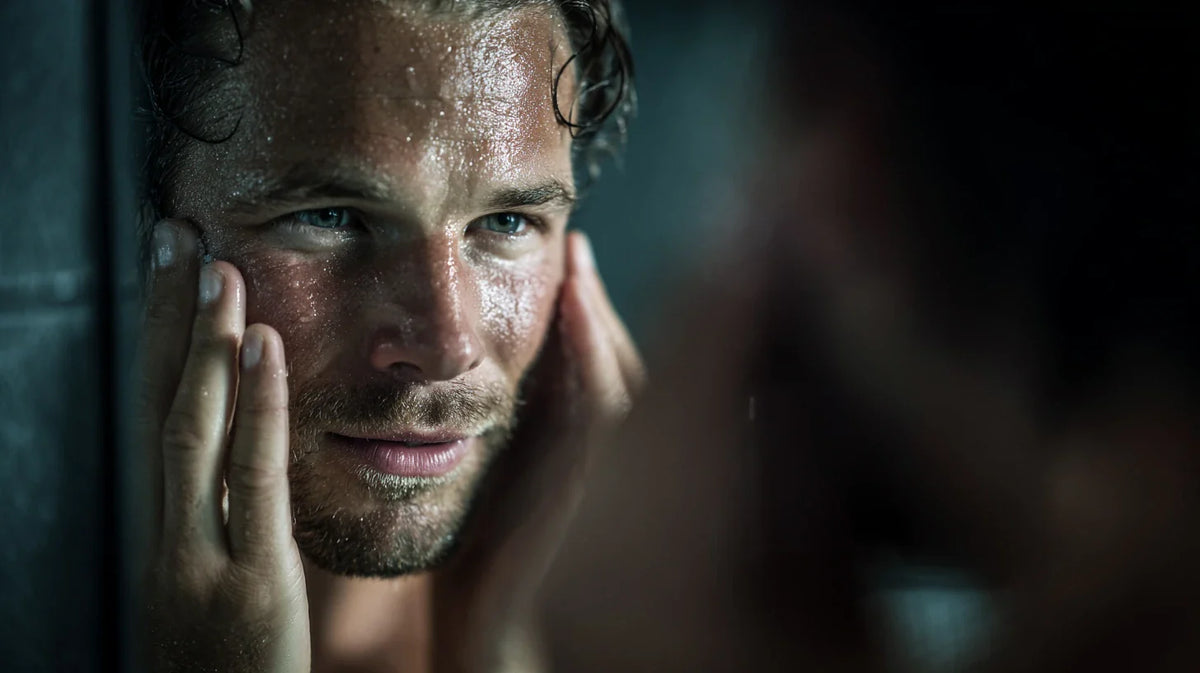 HBSKN — Hebi Skin · Uomo con viso bagnato e gocce d'acqua dopo allenamento, applica prodotto skincare con le mani