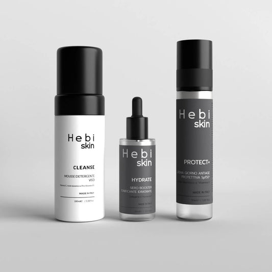 Trio prodotti Hebi Skin: CLEANSE mousse detergente, HYDRATE siero booster, PROTECT+ crema SPF50+