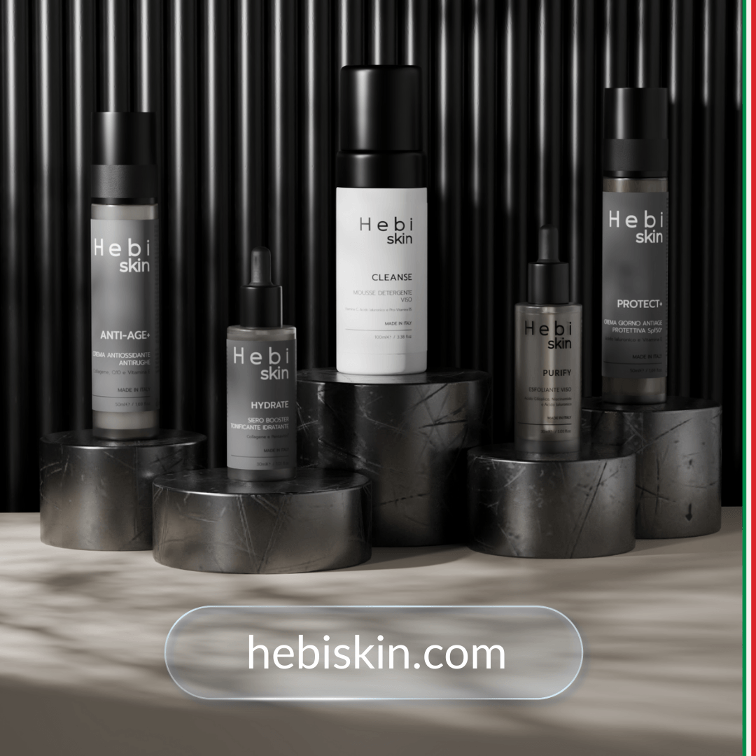 Dettaglio prodotti skincare uomo Hebi Skin Made in Italy