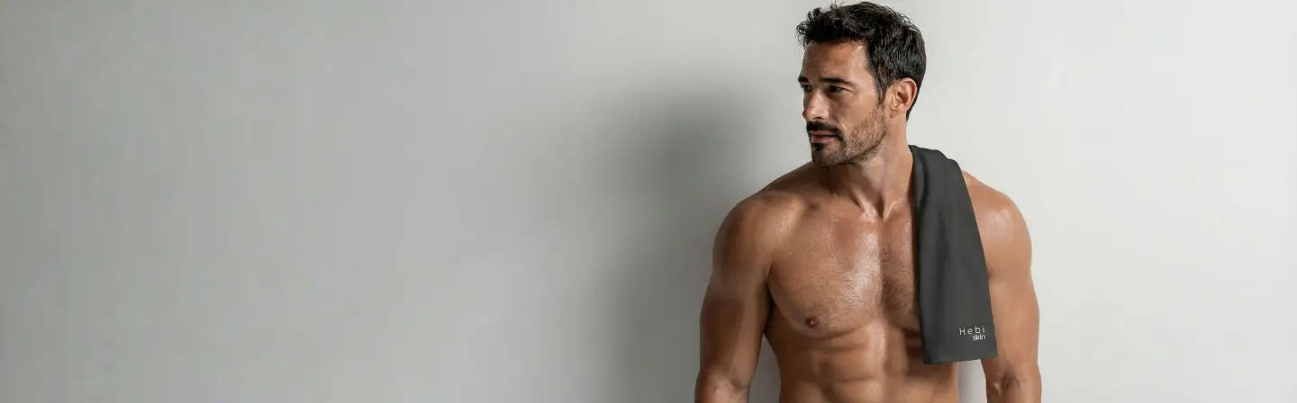 Uomo dinamico e sportivo che applica i prodotti di skincare uomo Hebi Skin