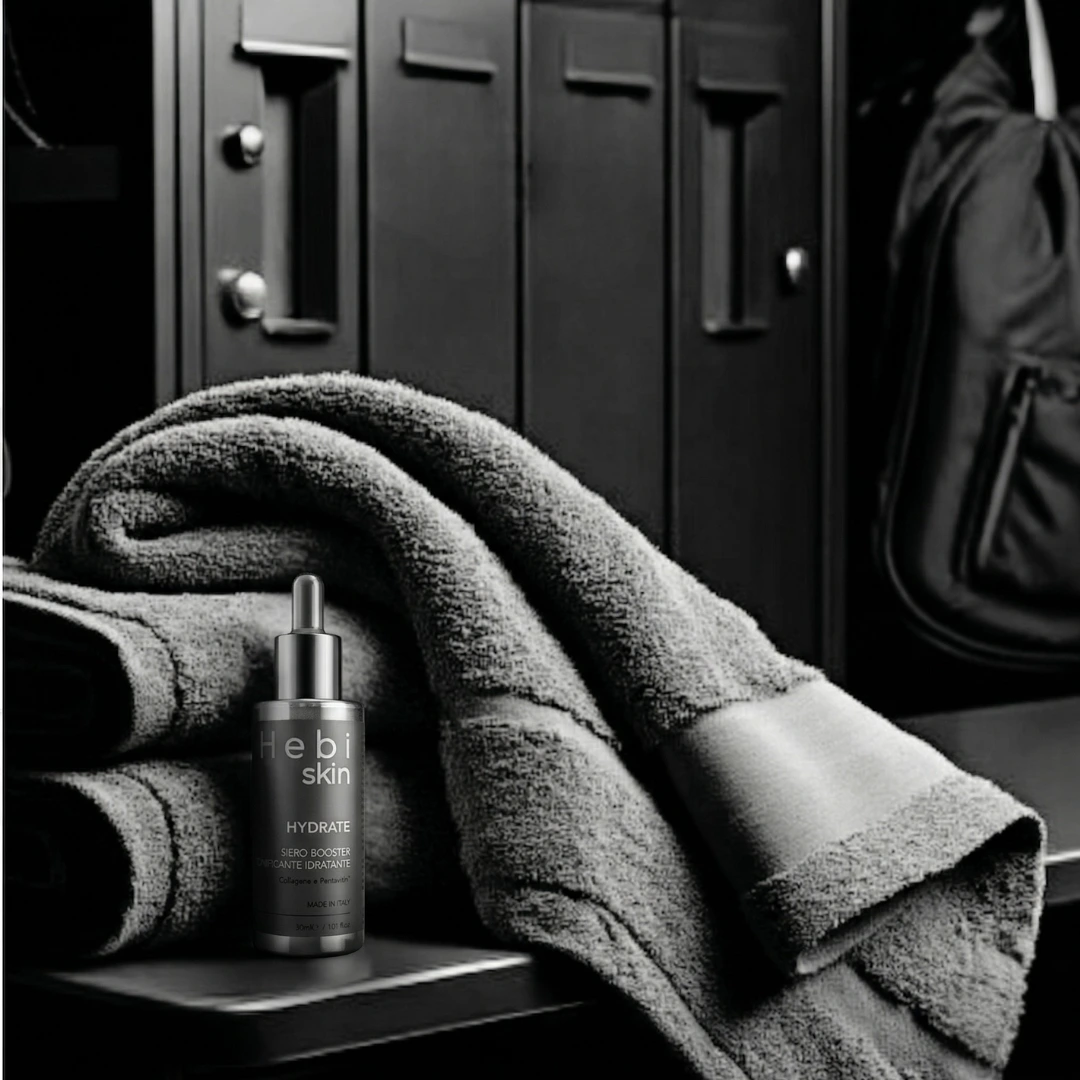 Packshot HYDRATE su panca da spogliatoio con asciugamano borsone e borraccia