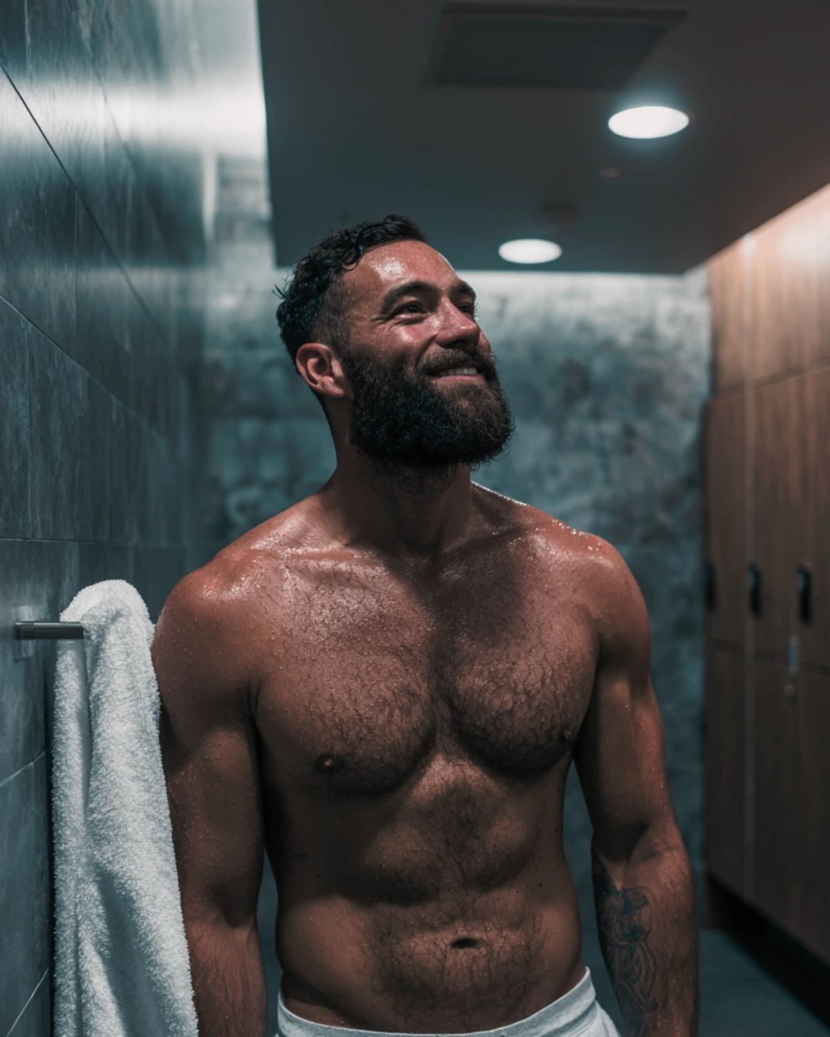 Atleta davanti al lavandino dopo la doccia in spogliatoio premium