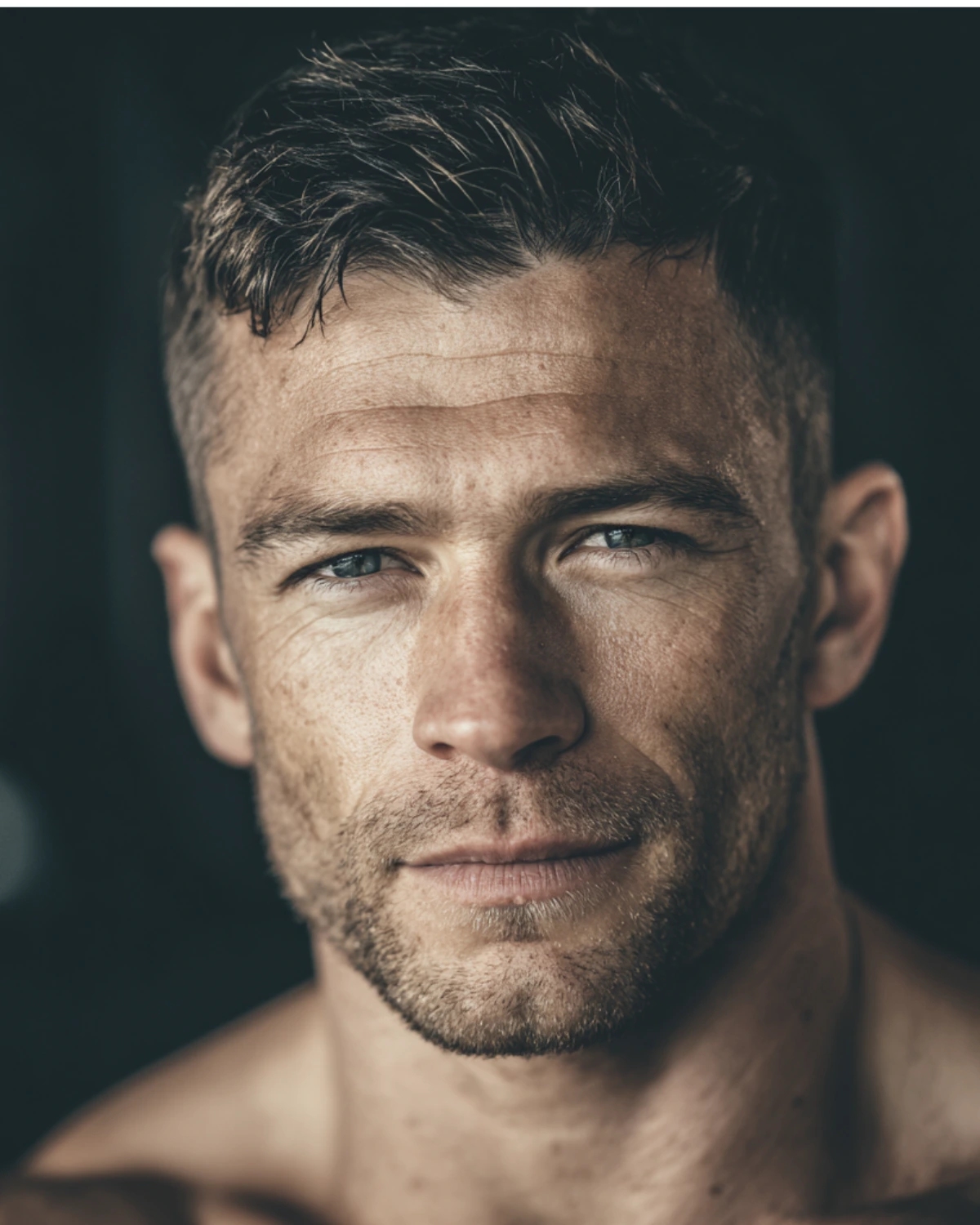 Primo piano di atleta sudato dopo allenamento con asciugamano sul collo